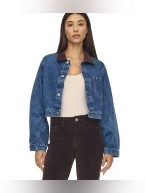 Warp + Weft Gva Geneva Cropped Denim Trucker Jacket With Corduroy Collar Size M
